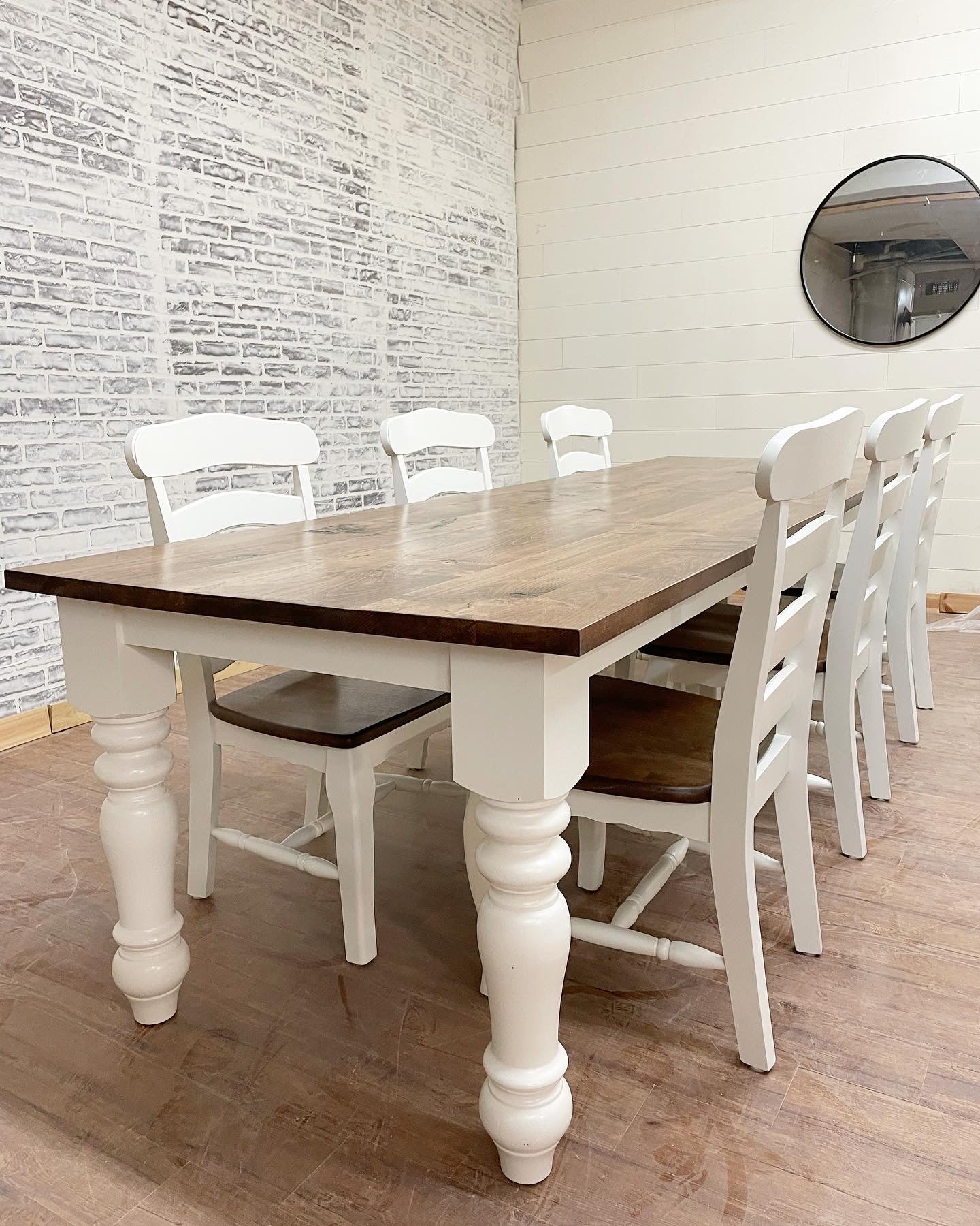 Pictured with a 9'L x 42"W Maple top stained Honey and a painted White base. Pictured with 6 French Country Chairs.