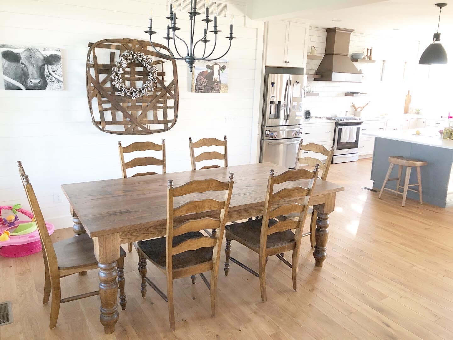 Pictured with a 7' L x 42" Red Oak stained Honey. Pictured with 6 Maine Ladder Back Chairs.