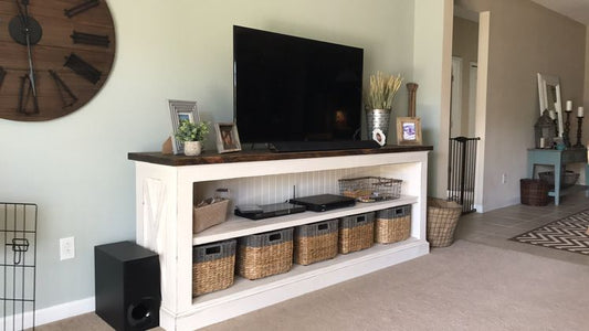 Pictured with an 84" L x 18" D x 36" T Entertainment Center with a Rustic Alder top stained Espresso and a White painted base.