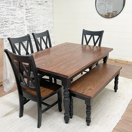 Pictured with a 5' L x 42" W Red Oak table stained Espresso. Pictured with a Matching Bench and 4 Double Cross Back Chairs.