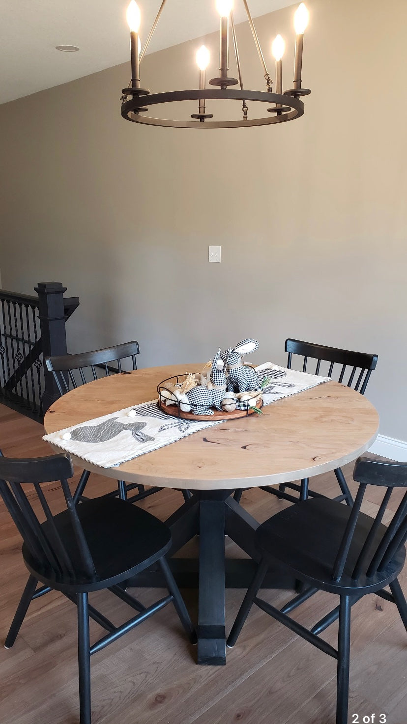 Pictured with a 42" Rustic Alder table stained Weathered Oak and Black Stained Base. Pictured with four Lexington Chairs stained Black.