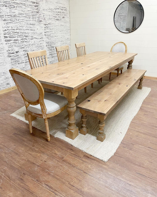 Pictured with an 8' L x 42" Rustic Alder top and Pine legs stained Weathered Oak. Picutred with a Matching Bench and 3 Mission Dining Chairs.