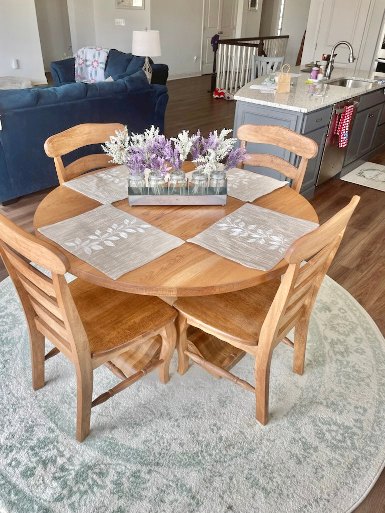Pictured with a 54" W Hickory table with Honey stain. Pictured with 4 French Country Chairs.