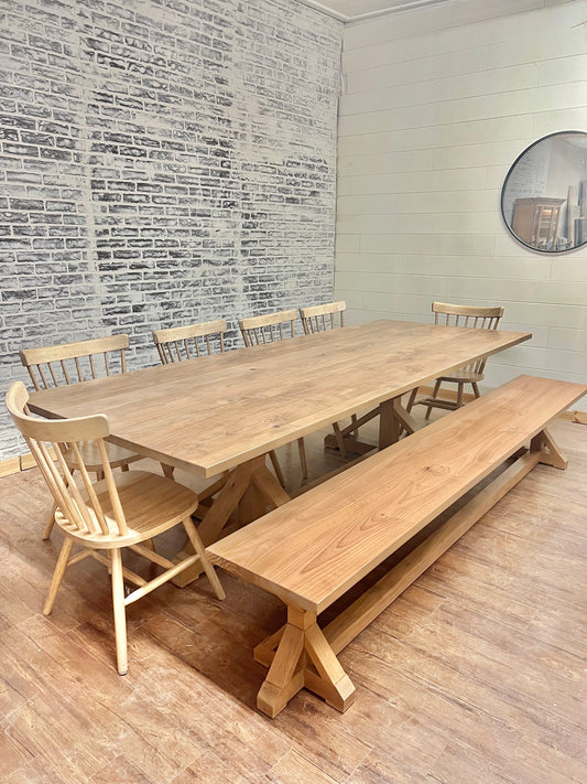 Pictured with a 9' L x 42" W Rustic Alder table stained Weathered Oak. Pictured with a Matching Bench and 6 Lexington Chairs.