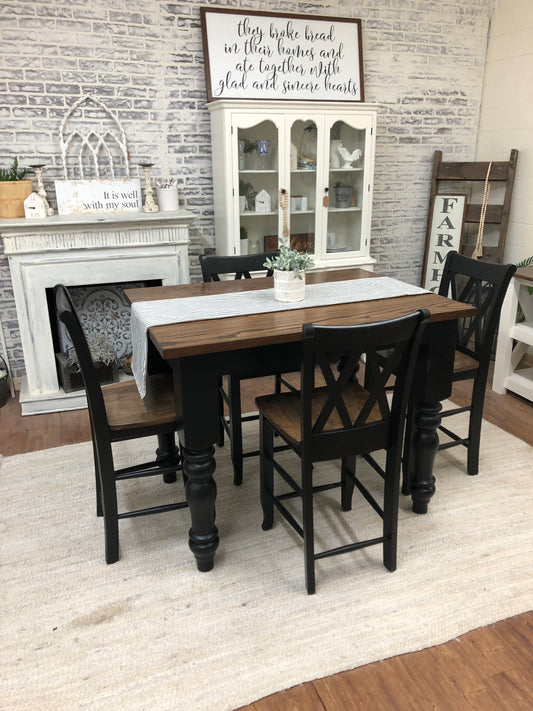 Pictured with a 4' L x 36" W Red Oak with Espresso stain and Black painted base. Pictured with 4 Double Cross Back Counter Height Stools..