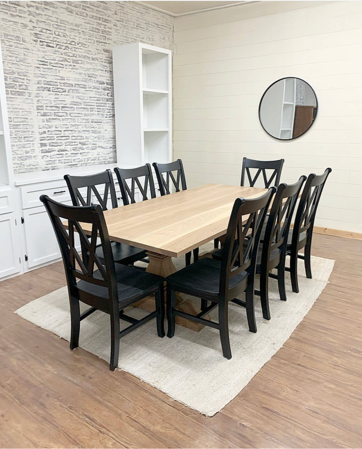 Pictured with a 8' L x 42" W White Oak table with a Natural Finish. Pictured are 8 Double Cross Back Chairs stained Black.