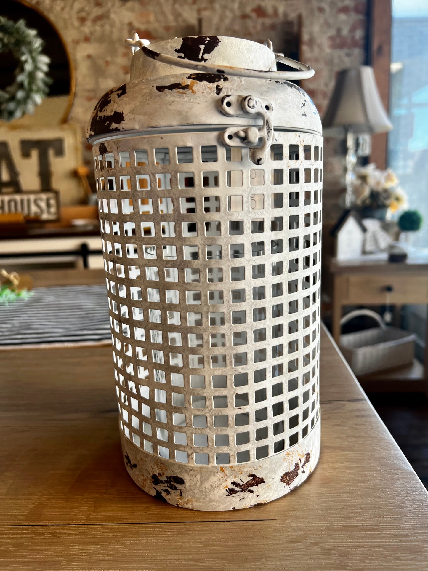 Distress White Metal Lantern