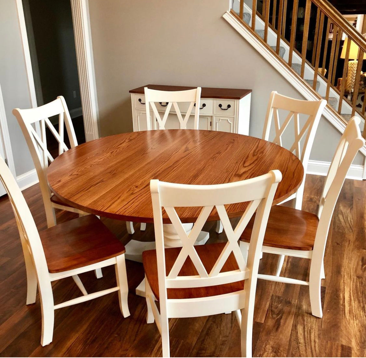 Pictured with a 60" W Red Oak table stained Cherry with a white painted base. Pictured with 6 Double Cross Back Chairs.