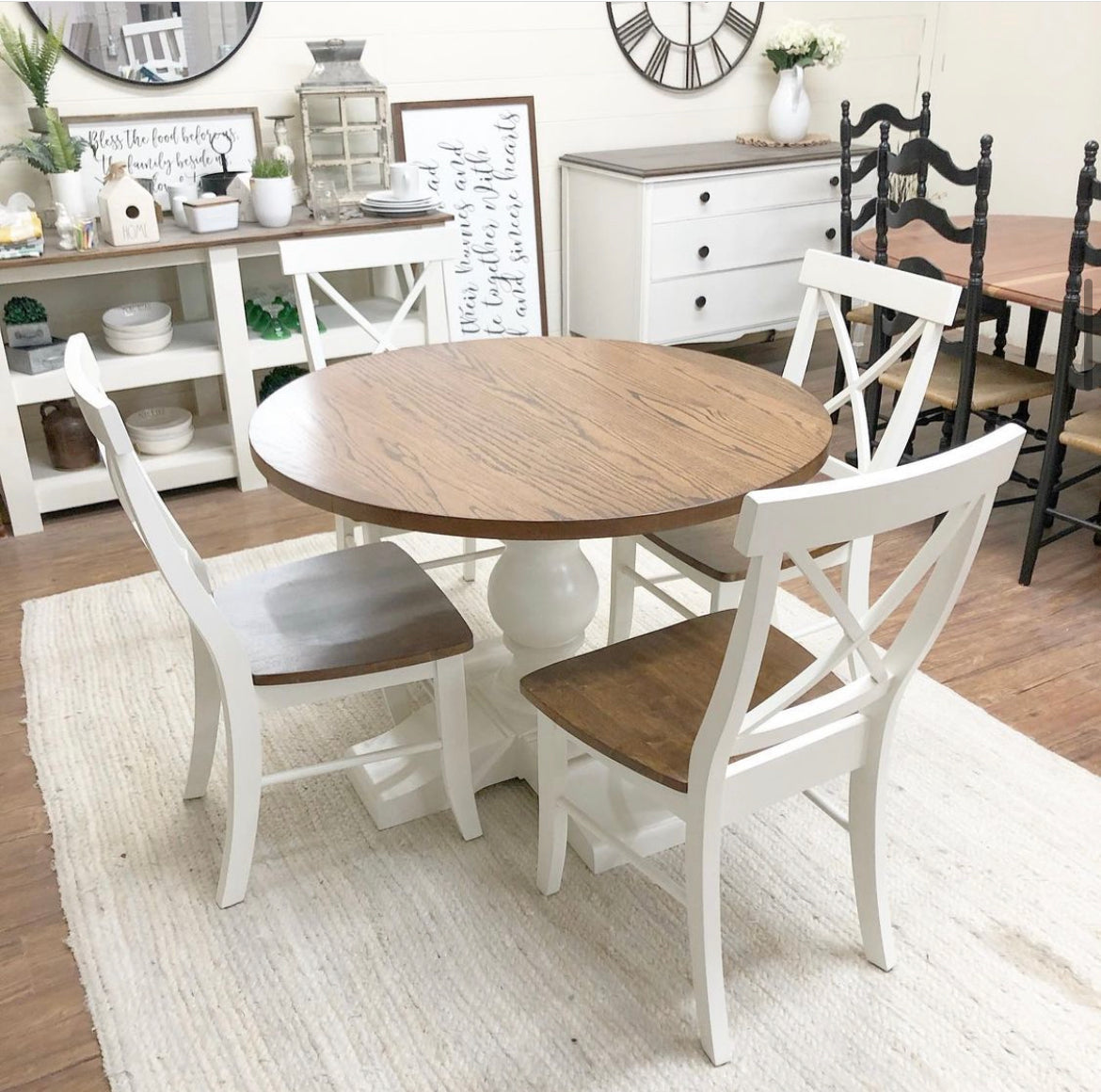 Pictured with a 42" W Red Oak table stain with Honey and a White painted base. Pictured with 4 Single Cross Back Chairs.