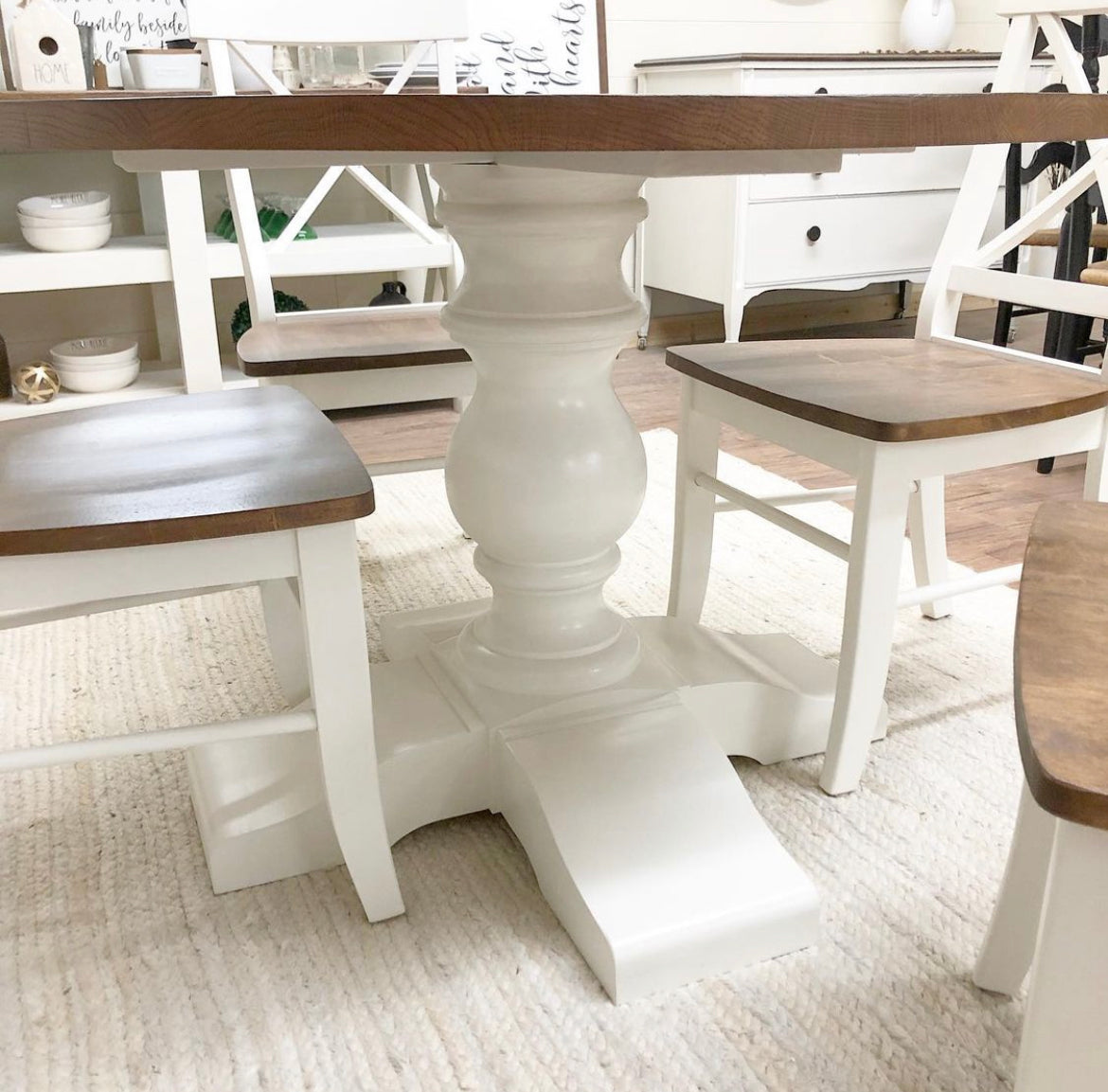 Pictured with a 42" W Red Oak table stain with Honey and a White painted base. Pictured with 4 Single Cross Back Chairs.